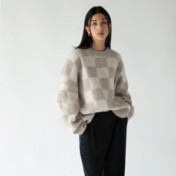 OAK + FORT Sweaters - Oak + Fort Tan Checkered Crewneck Sweater